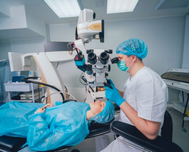Cataract surgery being performed under an operating microscope